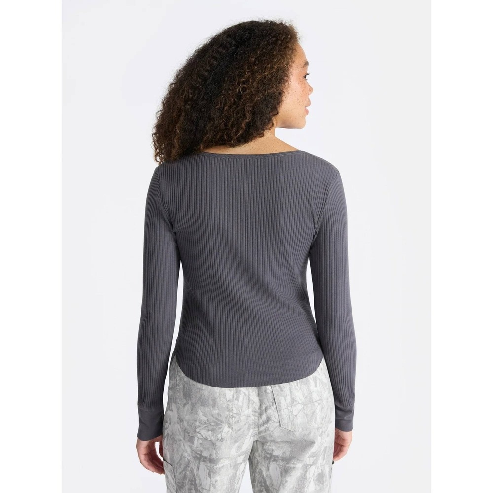 Scoop Neck Y2K Vibe Ribbed Shirttail Henley Top Medium Charcoal Gray Shirt NWT - Picture 5 of 11